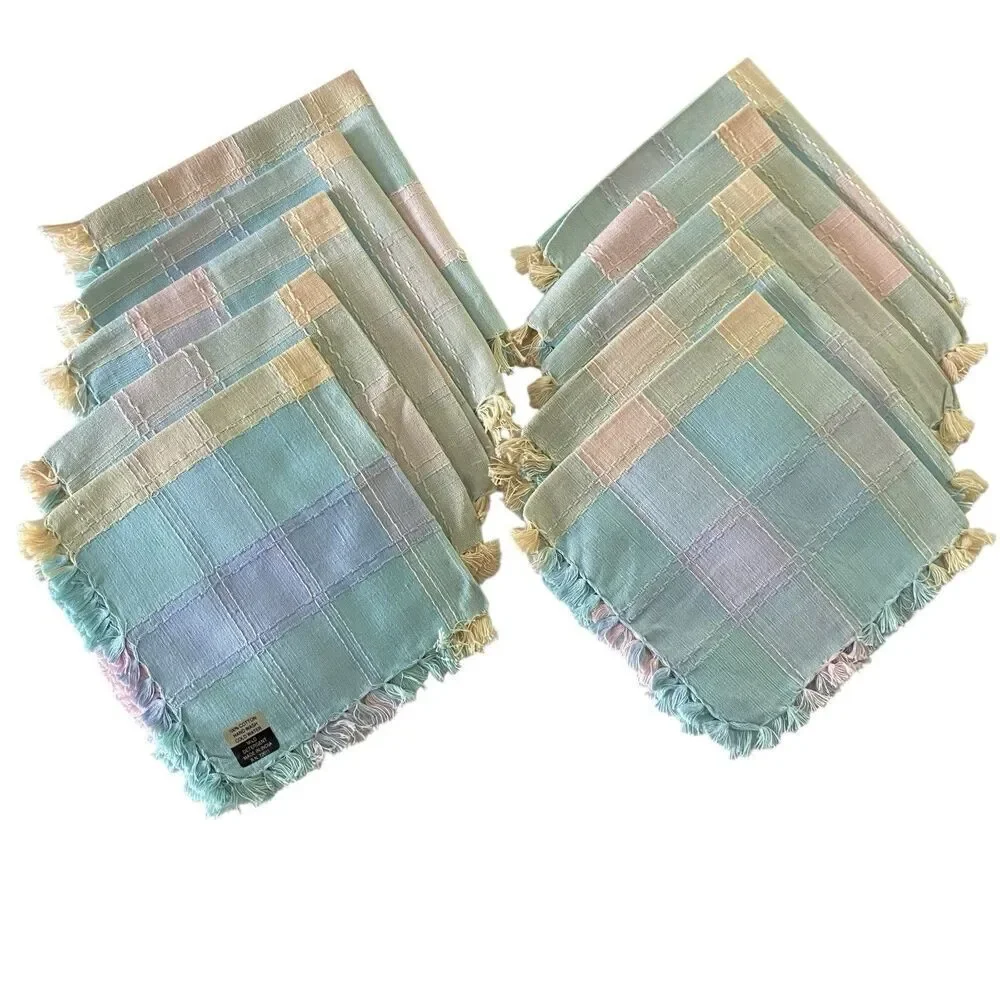 Lot of 10 Cloth Napkins Pastel Plaid Fringe 15.75
